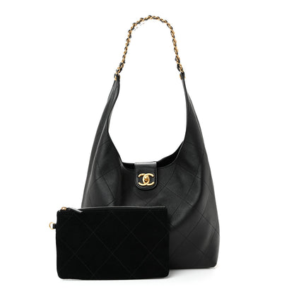 Shiny Lambskin Quilted Medium Hobo Black