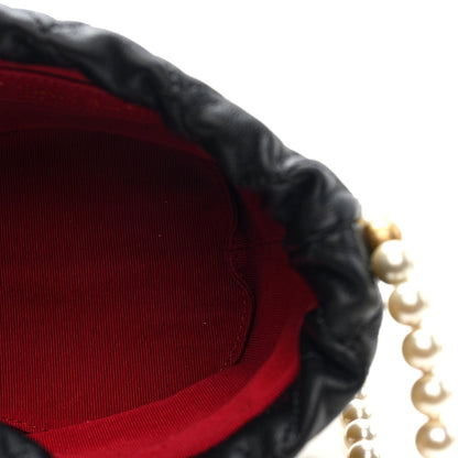 Calfskin Quilted Pearl Mini About Pearls Drawstring Bucket Bag Black