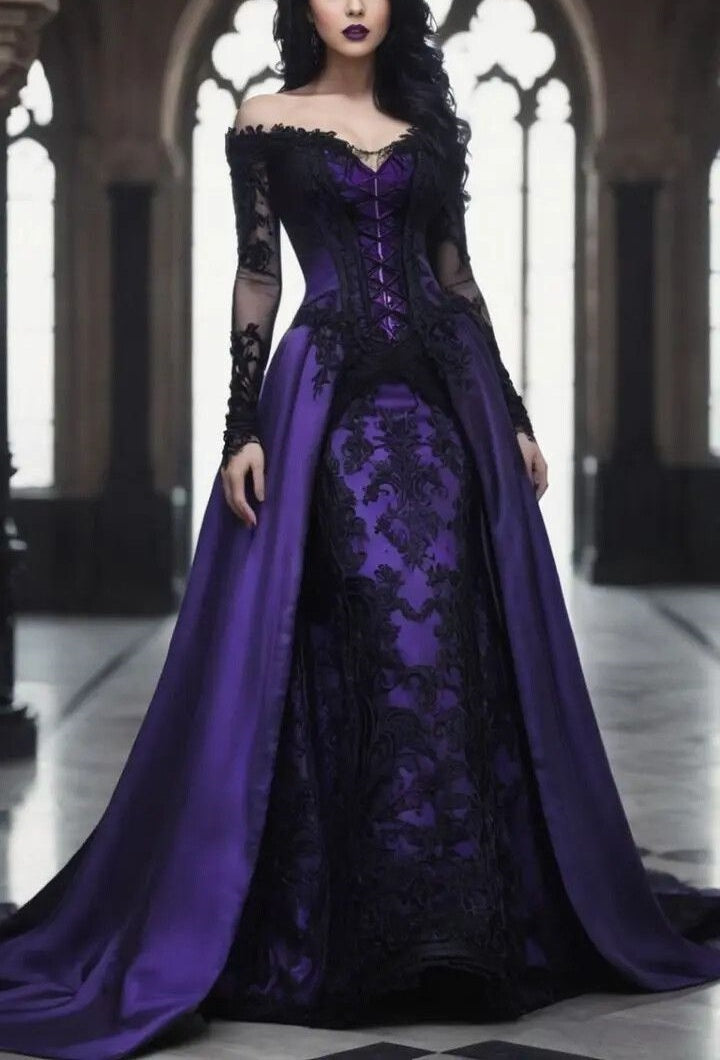 formaldressy-Purple and black lace long satin ball gown gh6185