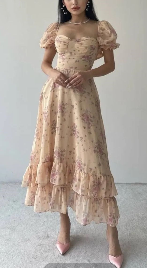 formaldressy-Floral Ruffle Short Sleeve Long Chiffon Garden Party Dress Wedding Guest Dress gh5203