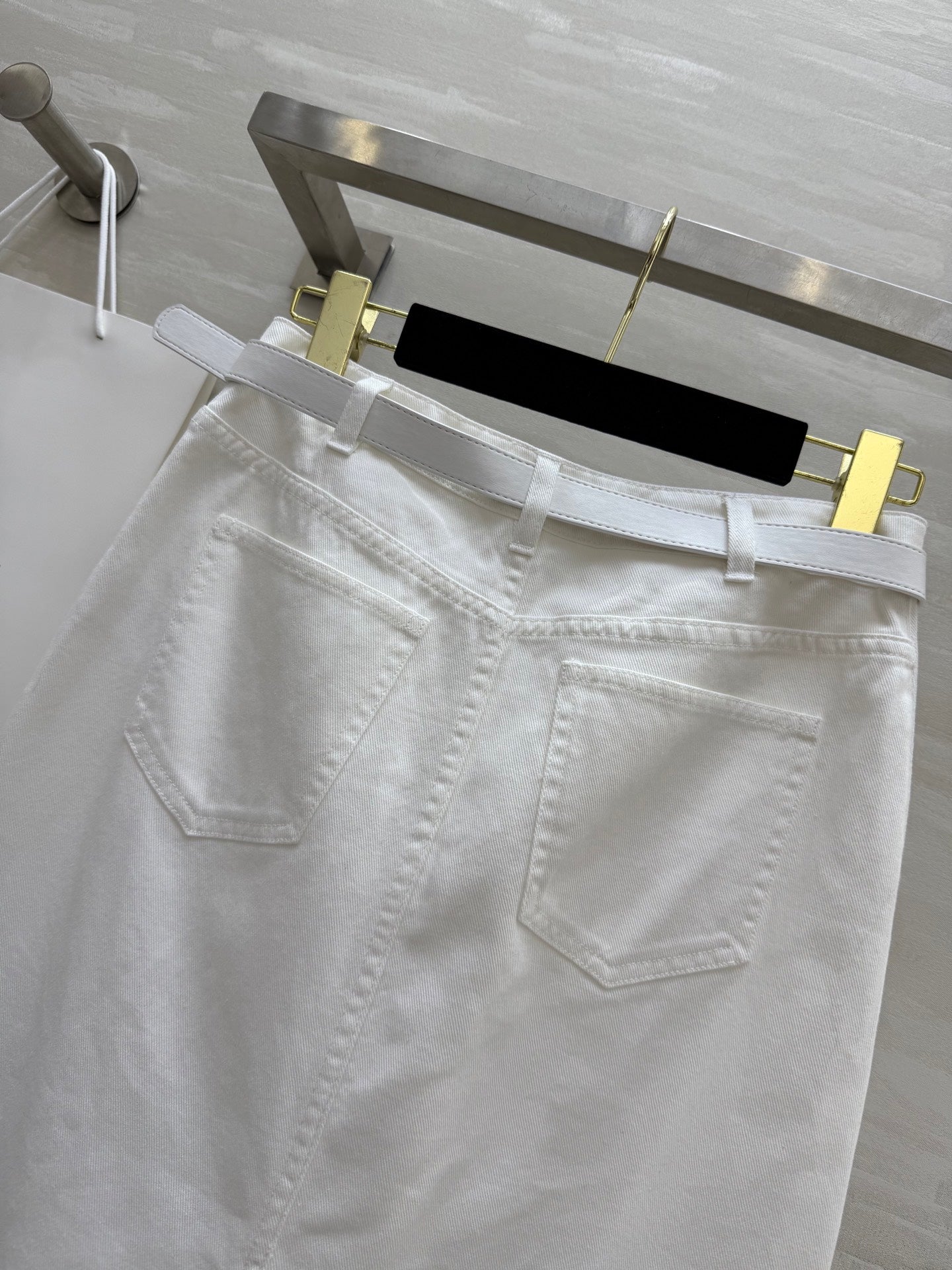 Celine 25 Denim Skirt with Logo Belt White Cotton