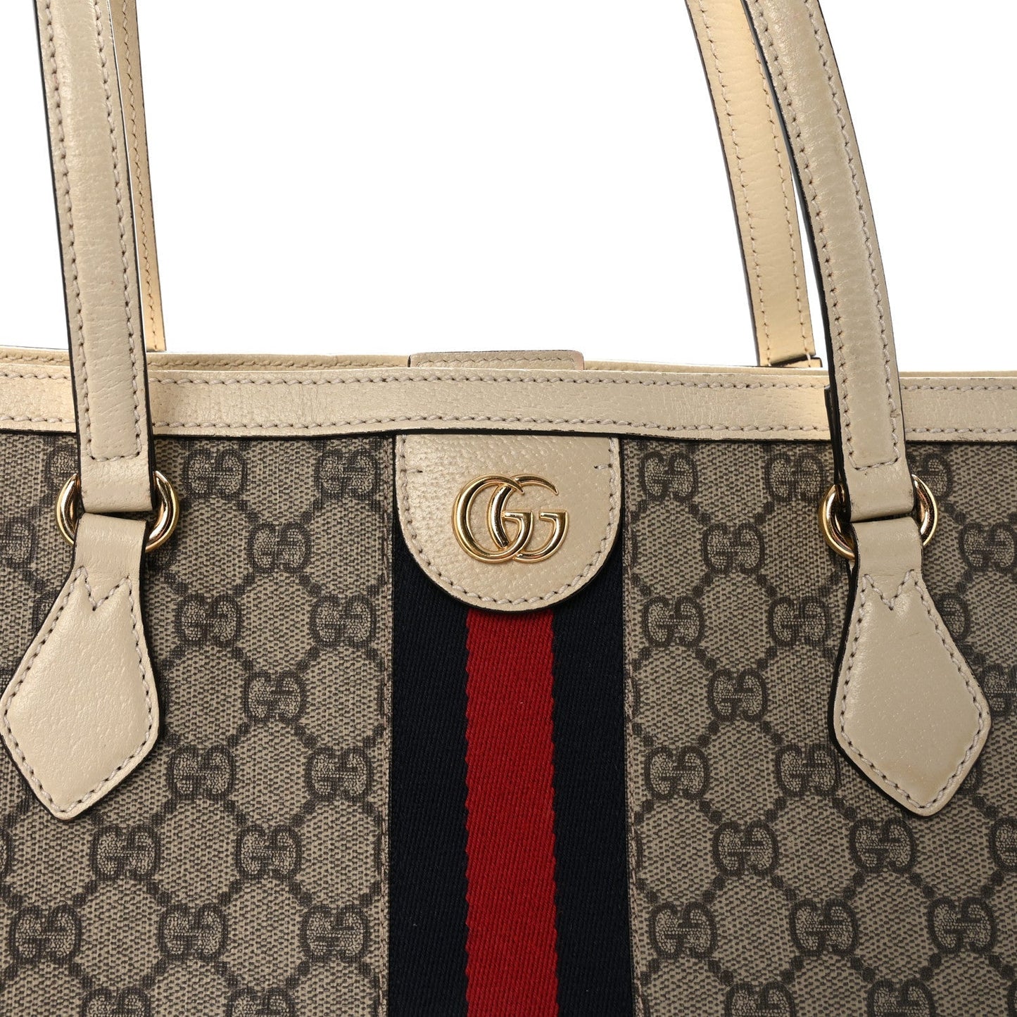 GG Supreme Monogram Textured Calfskin Web Medium Ophidia Shopping Tote Beige Ebony Mystic White