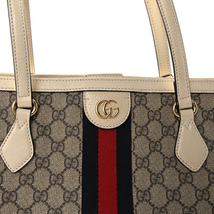GG Supreme Monogram Textured Calfskin Web Medium Ophidia Shopping Tote Beige Ebony Mystic White