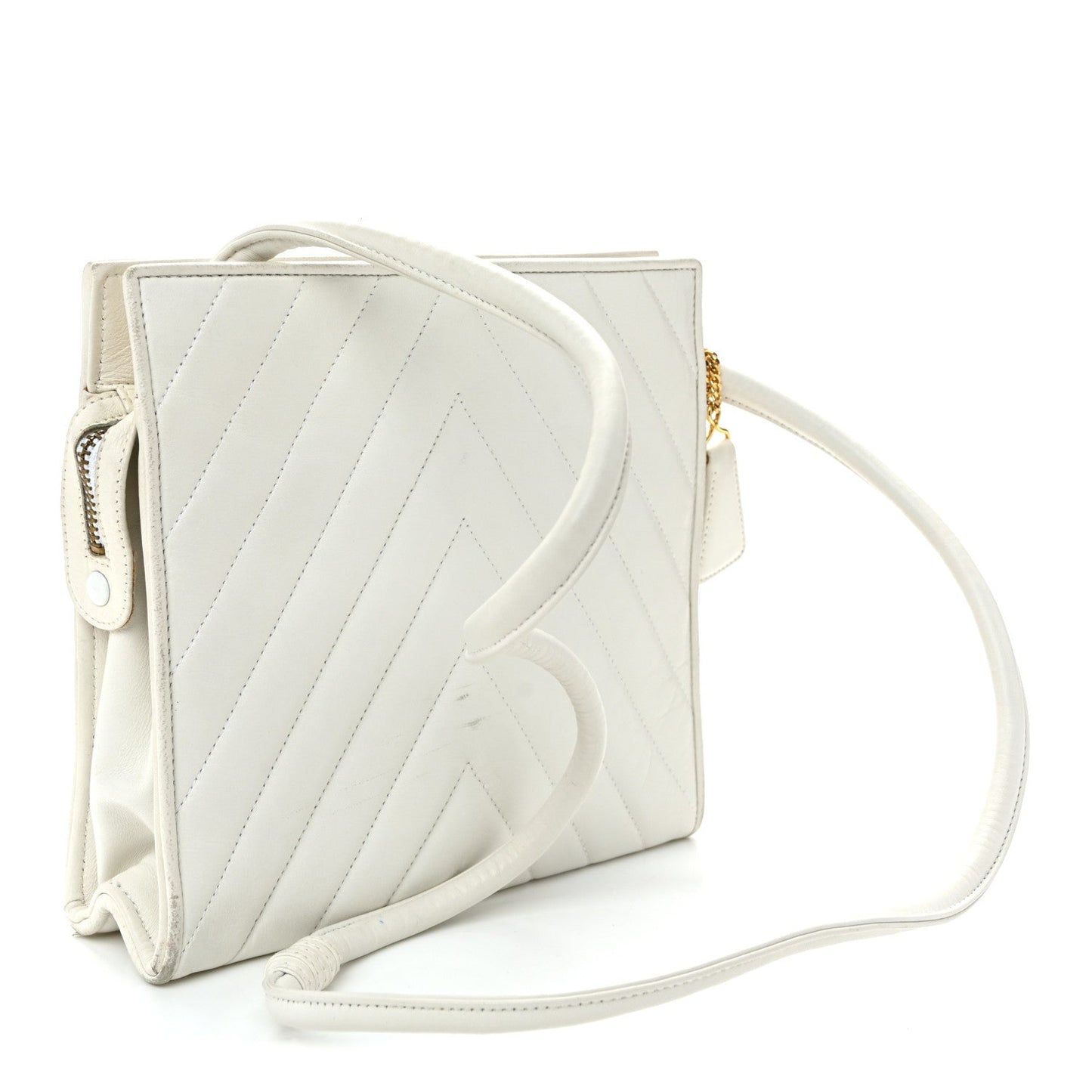 Lambskin Chevron Quilted CC Shoulder Bag White
