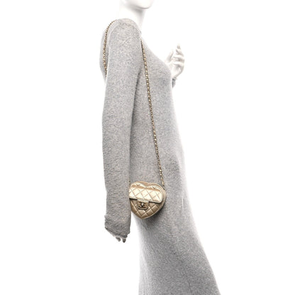 Metallic Lambskin Quilted CC In Love Heart Clutch With Chain Gold