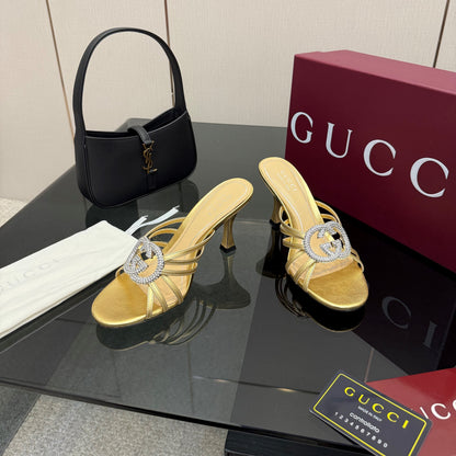 Women's Slide 85mm With Crystal Interlocking G Gold Leather