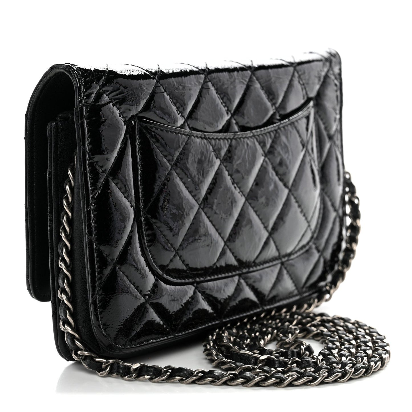 Distressed Patent Calfskin Quilted Reissue Wallet On Chain WOC Black