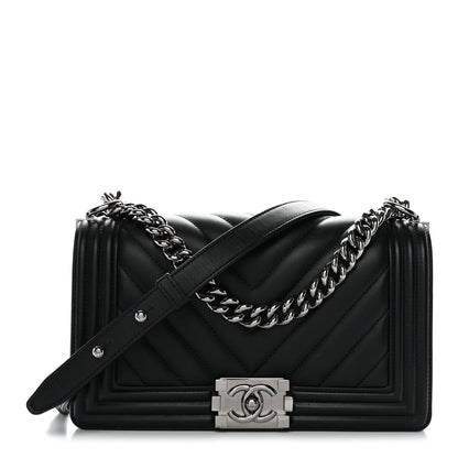 Calfskin Chevron Quilted Medium Boy Flap Black