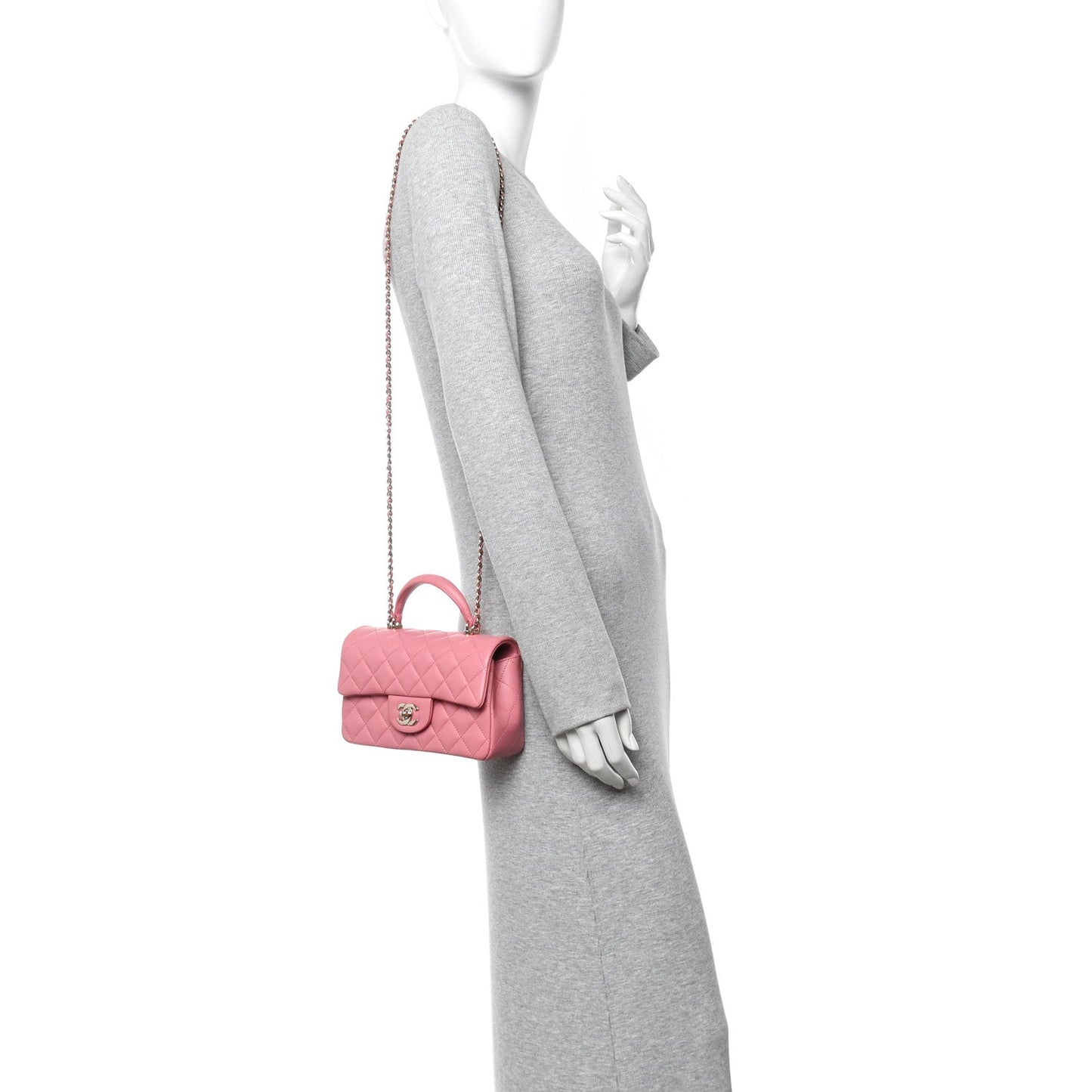 Lambskin Quilted Mini Top Handle Rectangular Flap Pink