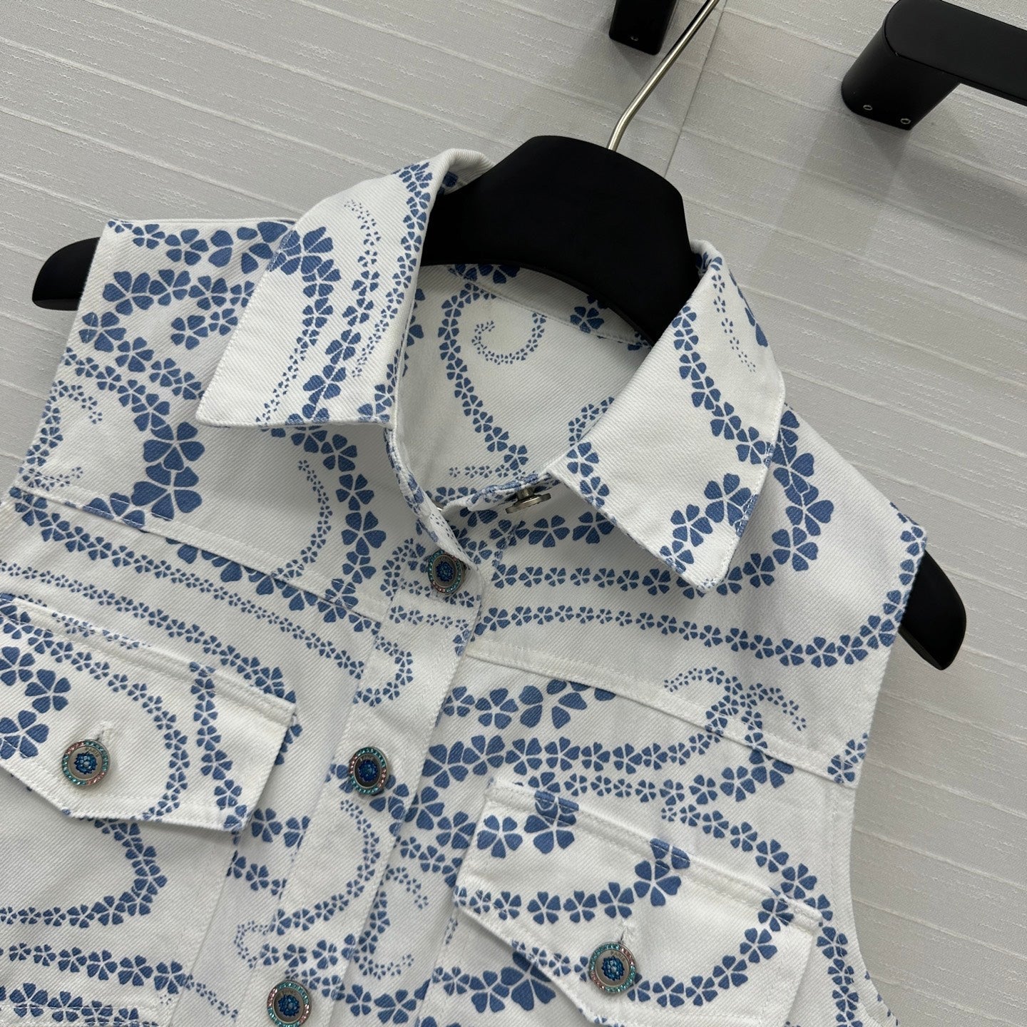 CC 25 Printed Denim Vest Jacket Blue White Cotton