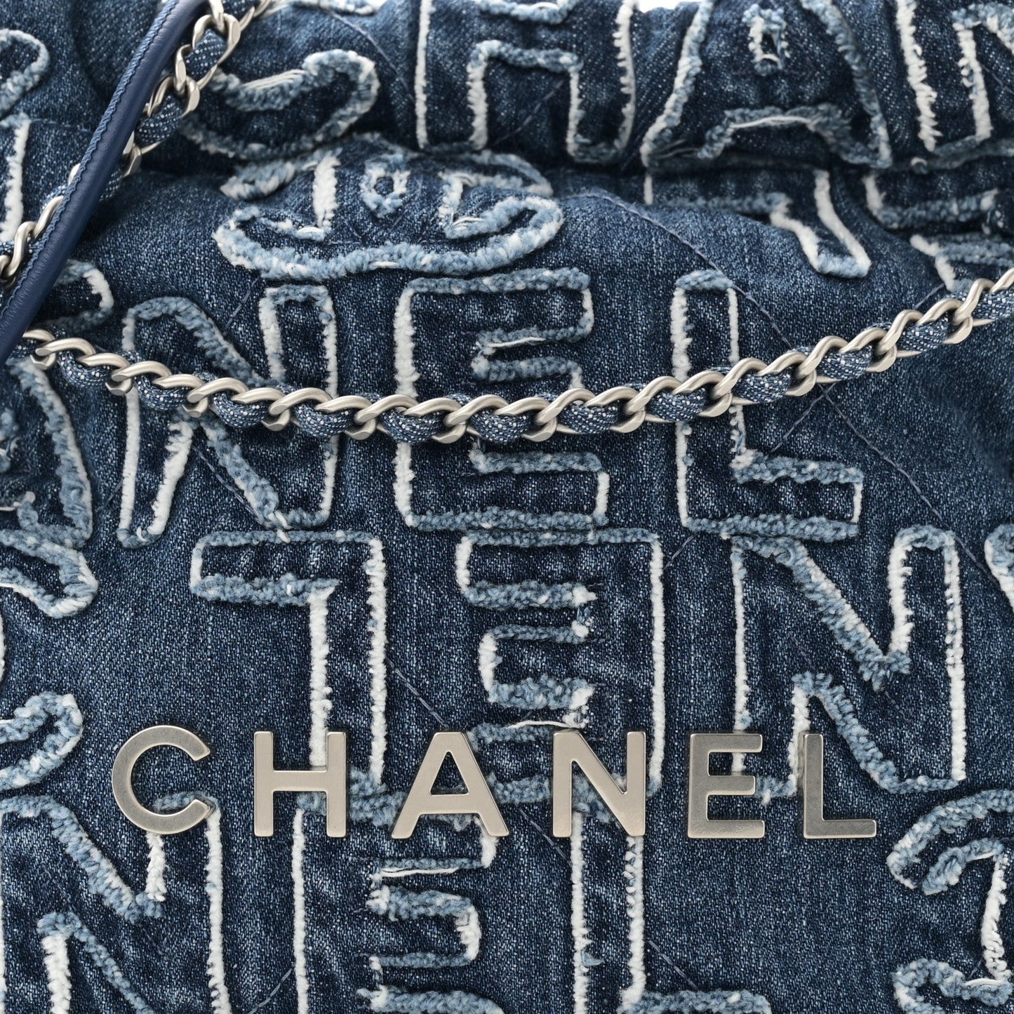 Washed Denim Logo Embroidered Mini Chanel 22 Blue
