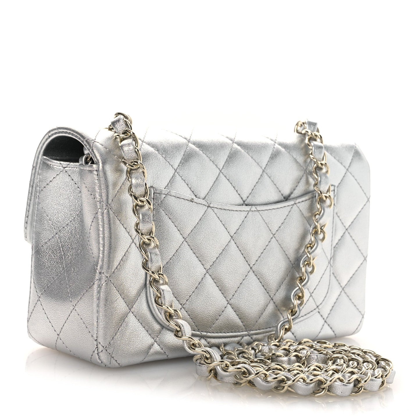 Metallic Lambskin Quilted Mini Rectangular Flap Silver