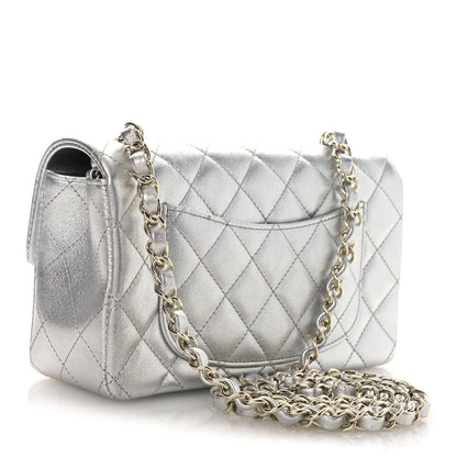 Metallic Lambskin Quilted Mini Rectangular Flap Silver