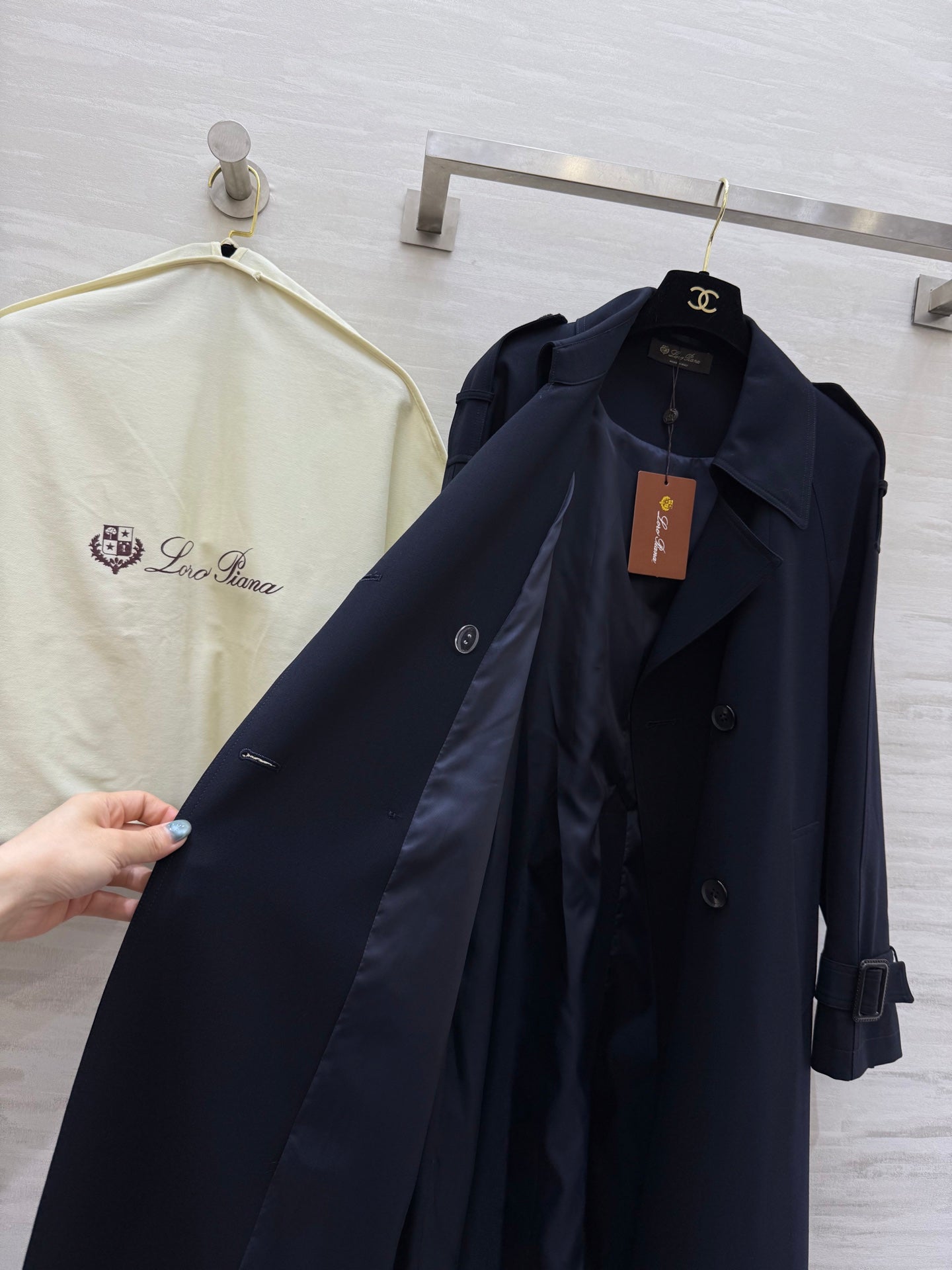 LP 25 Tie-Waist Slim Lapel Long Trench Coat Navy Blue Cotton 305537