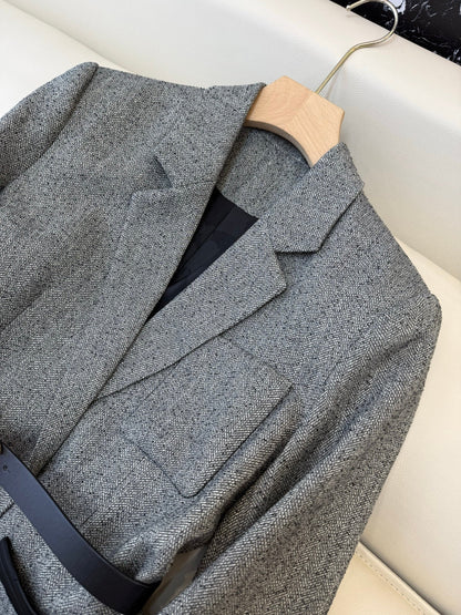 Chanel 2025 Blazer With Belt Gray Black Polyester Wool