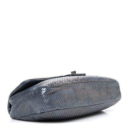 Metallic Crackled Calfskin Perforated Drill Flap Silver