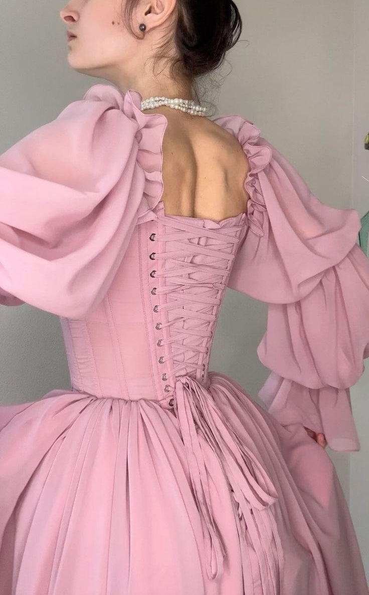 formaldressy-Retro, elegant, flowing A-line long-sleeved, corseted chiffon prom dress gh5754