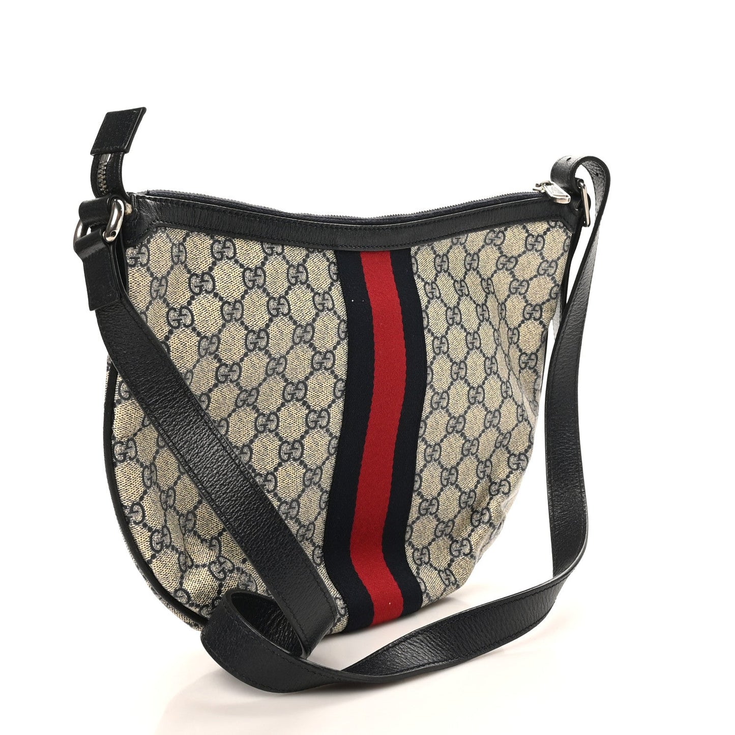 GG Supreme Monogram Textured Dollar Calfskin Web Small Ophidia Half Moon Hobo Beige Blue