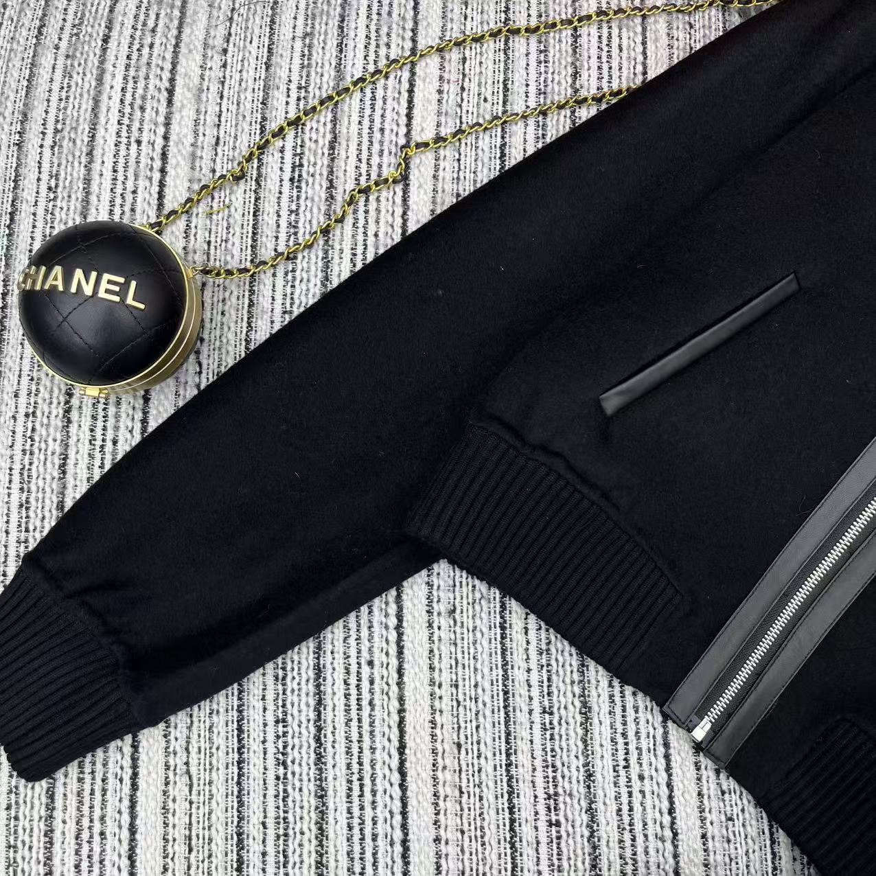 HM Patchwork Leather Lapel Double-faced Black Cashmere Jacket