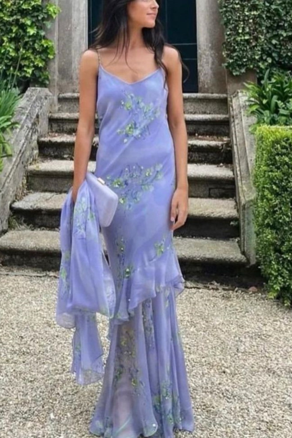 formaldressy-Light Purple Spaghetti Strap Floral - Embroidered Ruffled Mermaid Long Evening Dress  gh5818