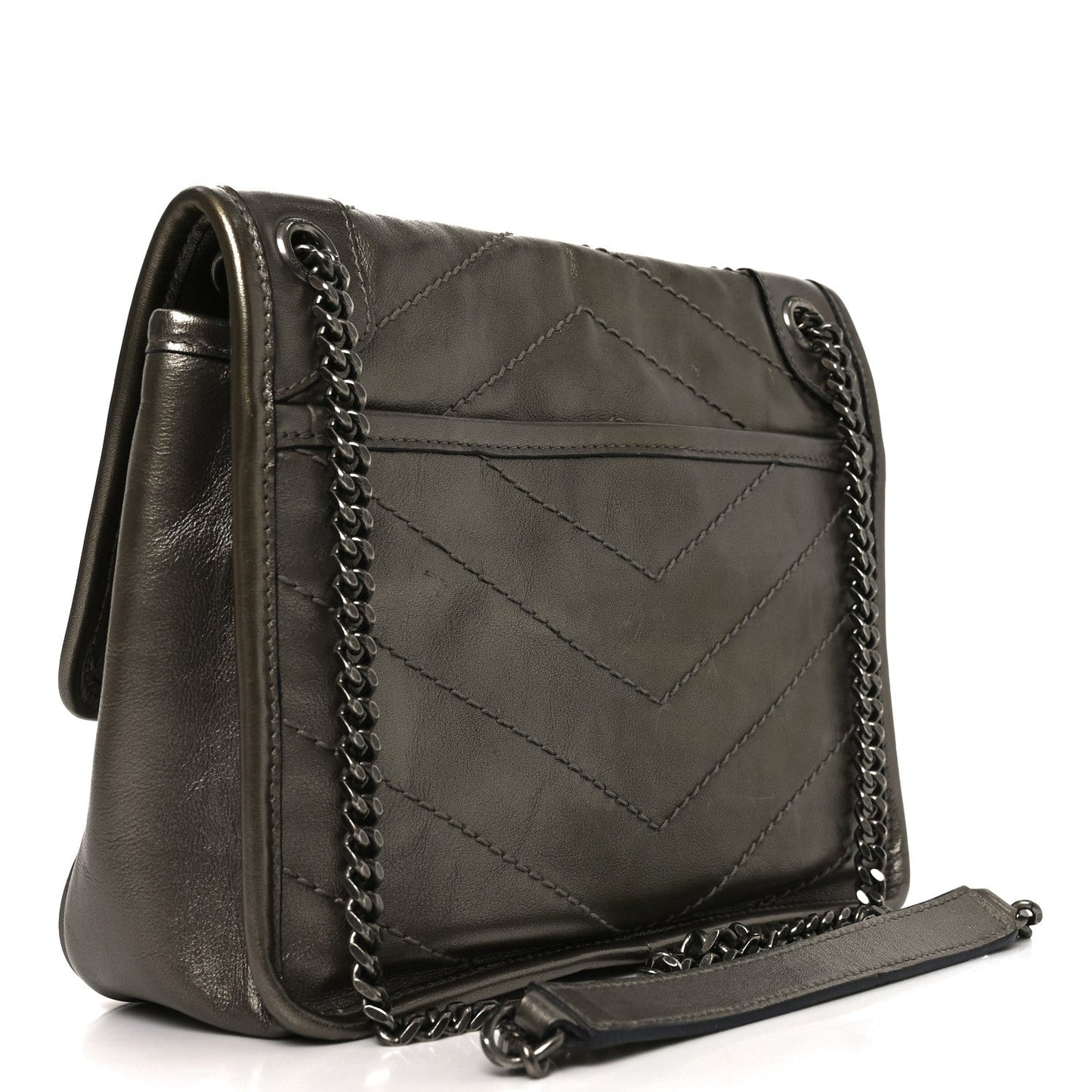 Crinkled Calfskin Matelasse Monogram Baby Niki Chain Satchel Platinum