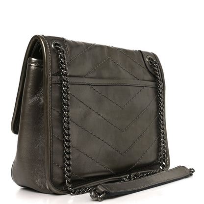 Crinkled Calfskin Matelasse Monogram Baby Niki Chain Satchel Platinum