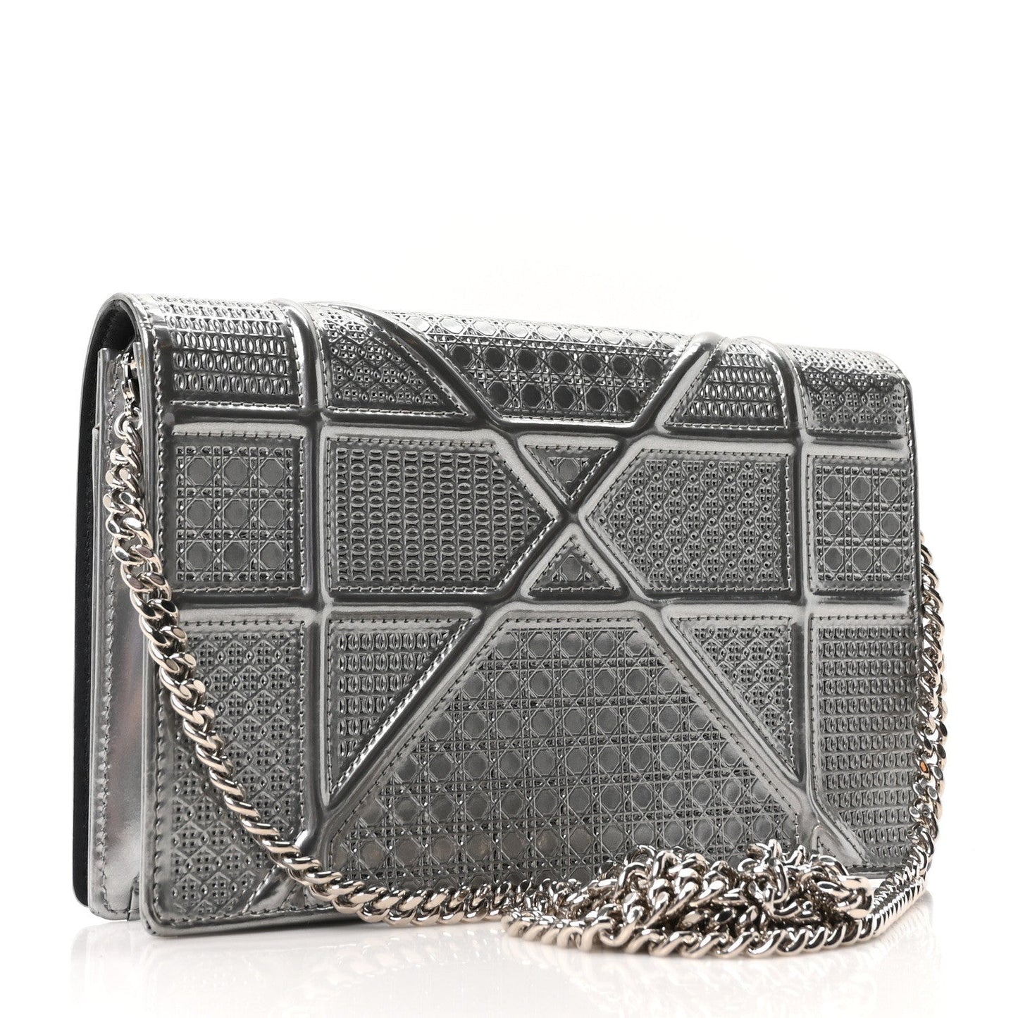 Metallic Patent Micro-Cannage Diorama Wallet on Chain Pouch Silver