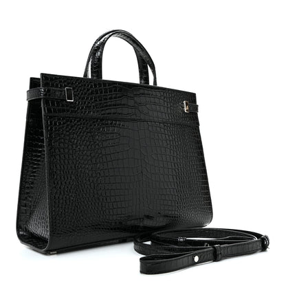 Shiny Calfskin Crocodile Embossed Small Manhattan Shopper Tote Black