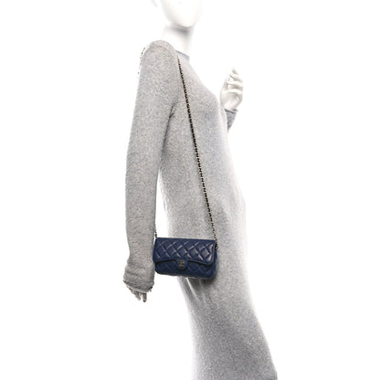 Caviar Quilted Flap Phone Holder With Chain Navy Blue