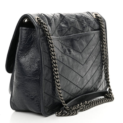 Crinkled Calfskin Matelasse Monogram Medium Niki Chain Satchel Deep Marine