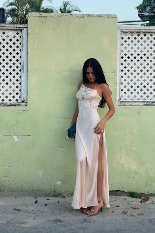 formaldressy--Light pink sexy elegant lace long slit prom dress party dress gh5506