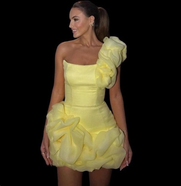 formaldressy-Yellow one-shoulder fashion sweet bud skirt short chiffon homecoming dress birthday dress gh5269