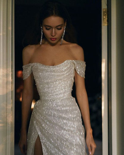 Bling A Line Off the Shoulder Long Prom Party Dress with Split Front     cg24842