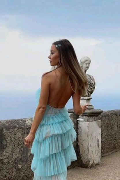 New Style Halter Ruffles Tulle Prom Dress With Slit,Charming Long Party Dress  cg24858