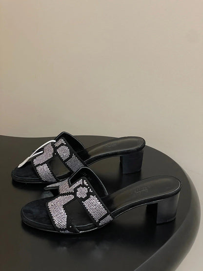 HM 25S ORAN HIGH‐HEEL SANDAL 50 MM IN BLACK LAMBSKIN WITH WHITE STONE DETAILS