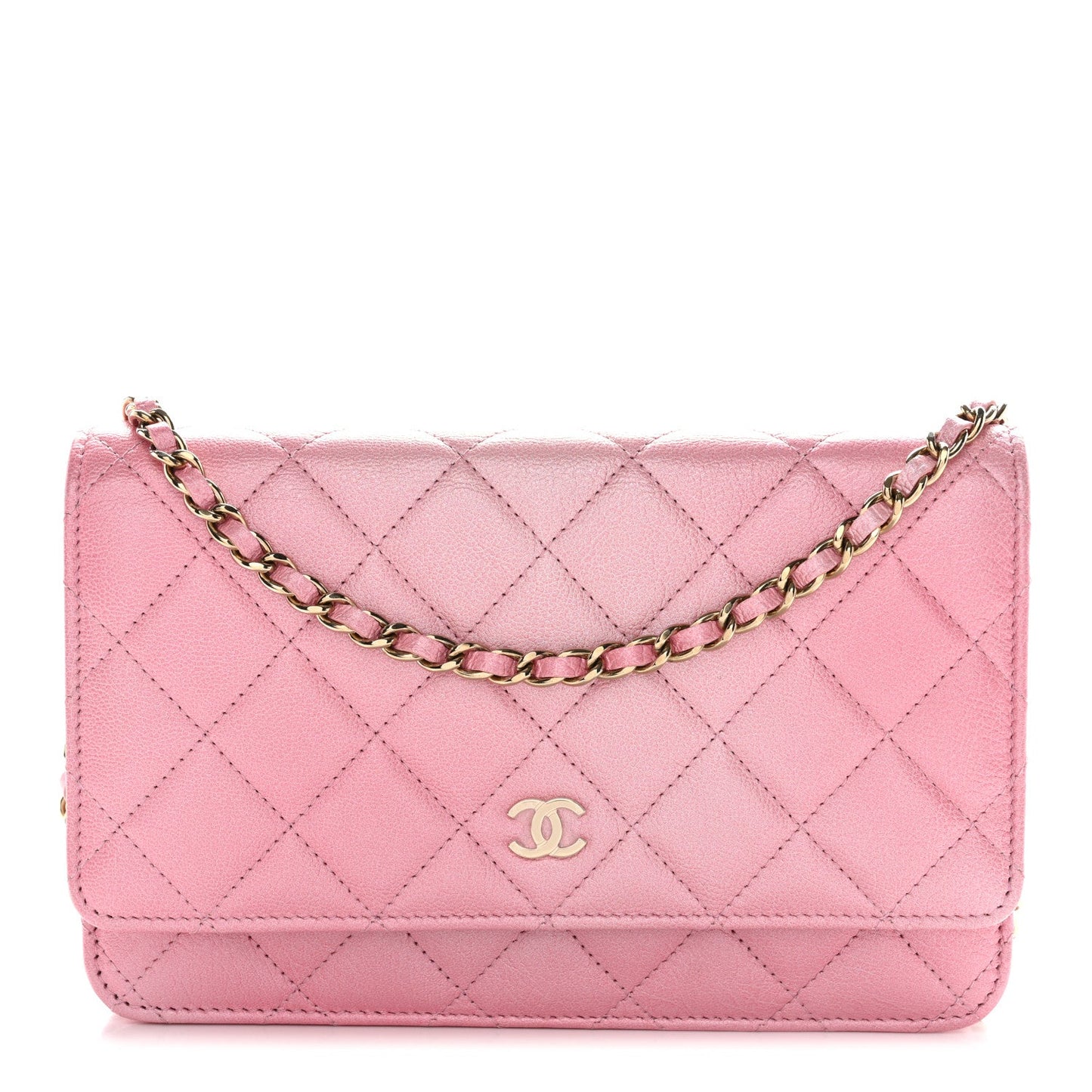 Iridescent Calfskin Quilted Wallet On Chain WOC Rose Pink