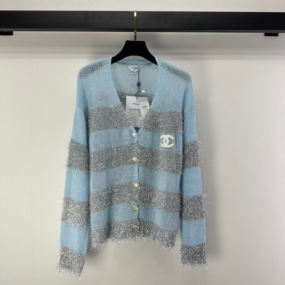 CC 26C Knit Long-Sleeve Cardigan Blue Grey Stripes Wool Acrylic Nylon 349042