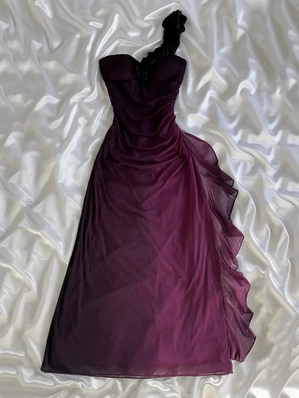 formaldressy-Gradient Purple Glitter One-Shoulder Ruched Ruffle Evening Gown gh6006