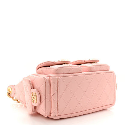 Shiny Lambskin Quilted Trendy Pockets Hobo Light Pink