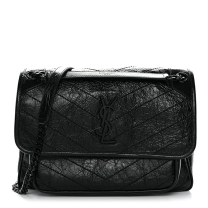 Crinkled Calfskin Matelasse Monogram Medium Niki Chain Satchel Black