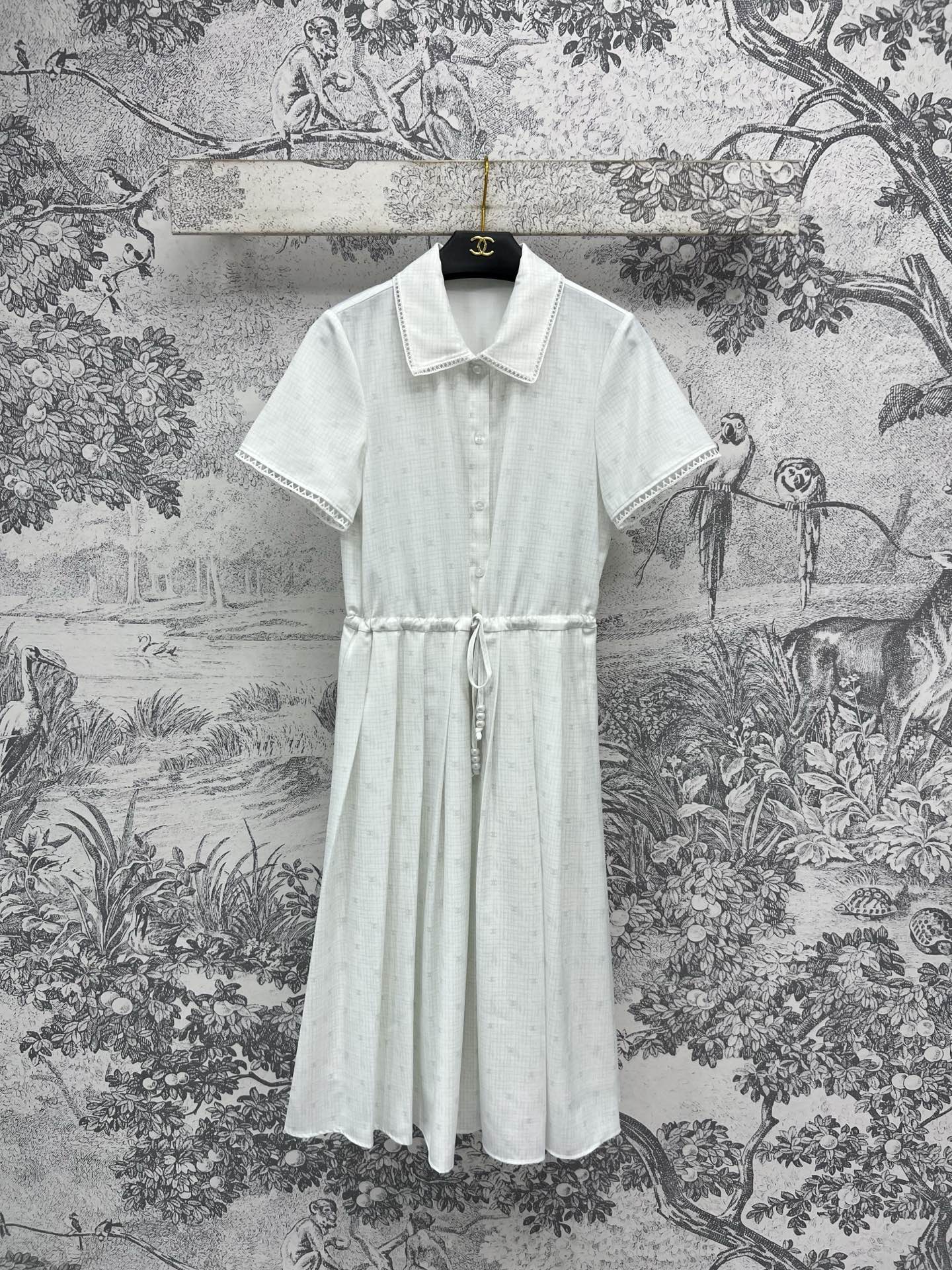 CC 25 Logo Plaid Short-sleeved Dress White Polyester Fiber