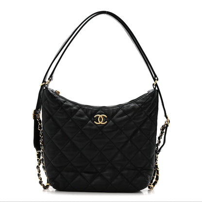 Lambskin Quilted Maxi Hobo Black