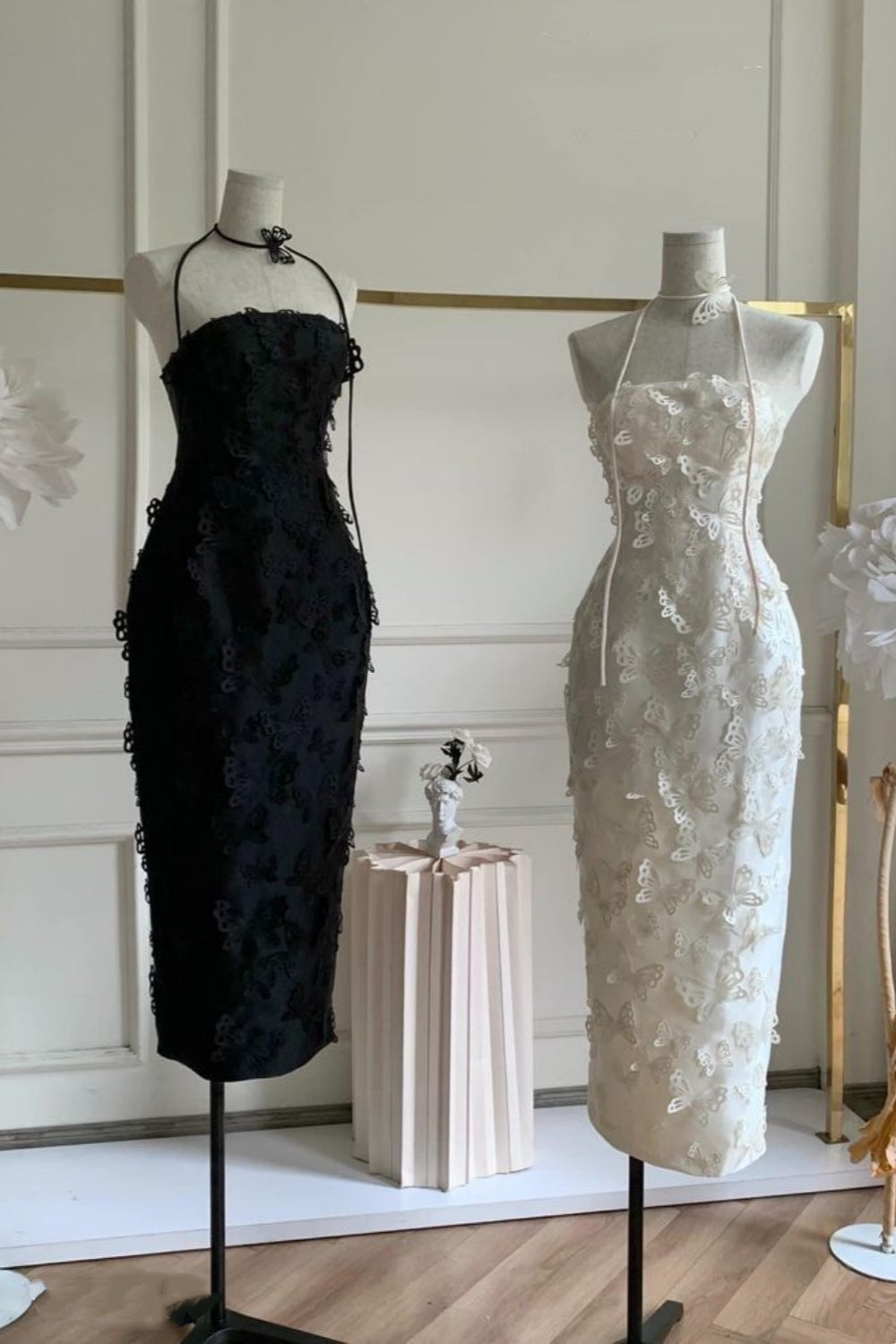 formaldressy-Homecoming dress white/black butterfly applique mid-length satin prom dress evening dress gh5747