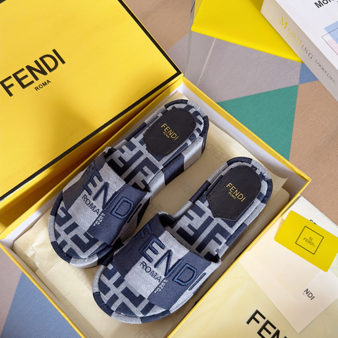 FF Sunshine 65 Blue Dark Grey Canvas Flatform Slide