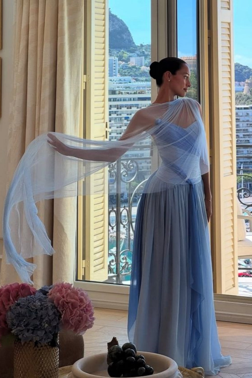 formaldressy-(Includes Scarf)Soft Blue Elegant Classic Dress Gradient Dress gh6327