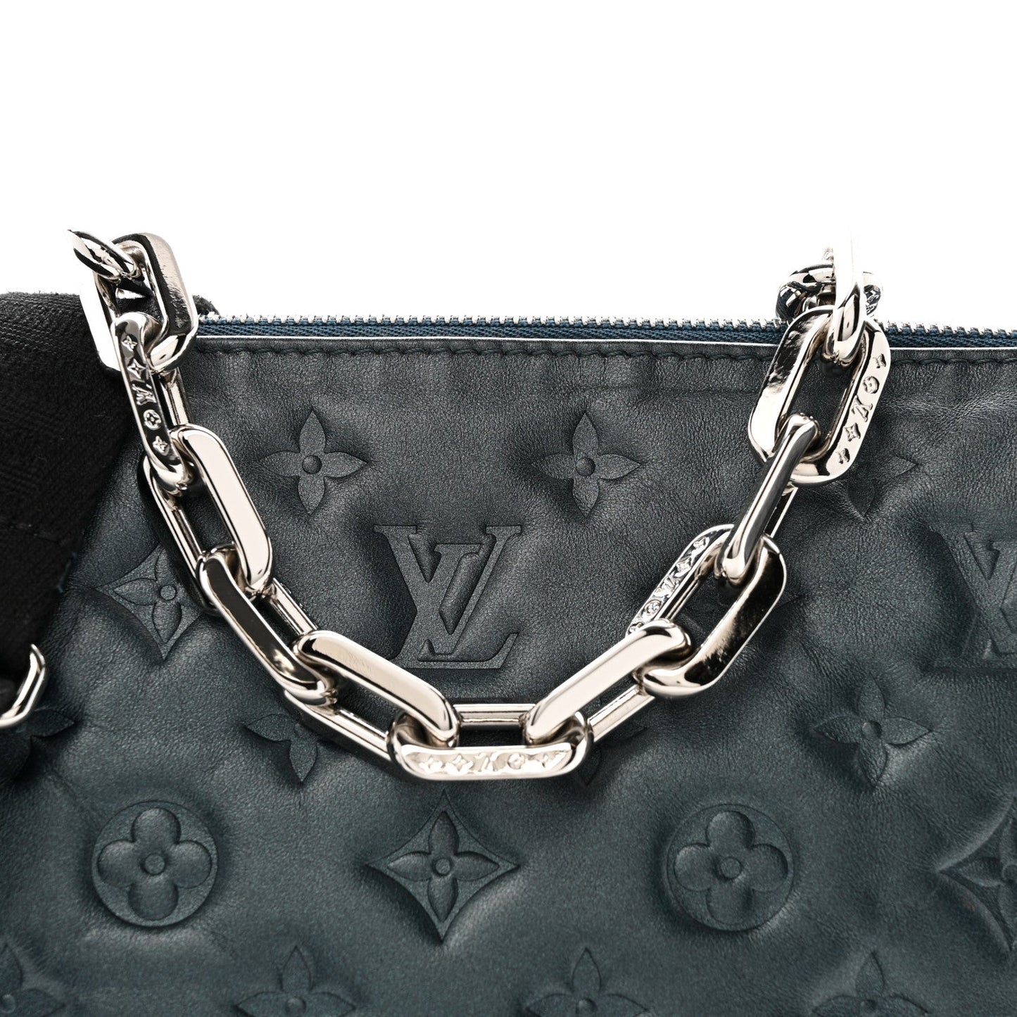 Metallic Lambskin Embossed Monogram Coussin PM Bleu