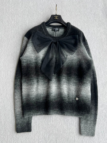 Chanel 25 Bow Round Neck Sweater Black Gray Cashmere 316413