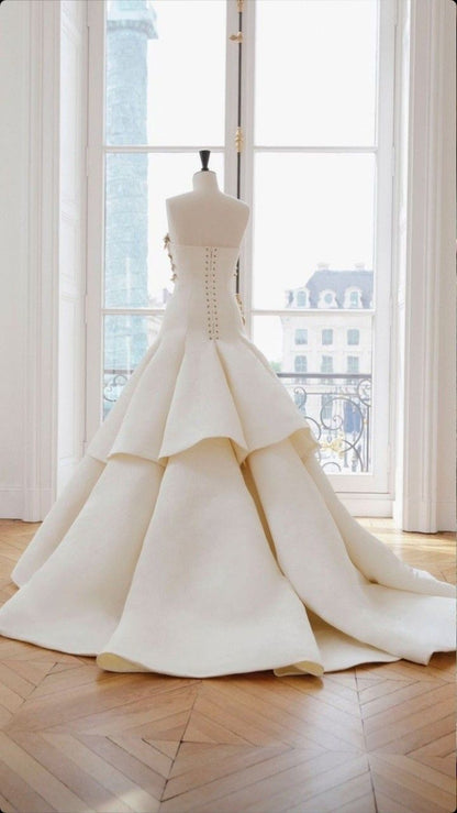 formaldressy-Ivory and Gold Beaded Long Layered Floor-Length Wedding Dress with Train gh5389