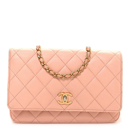 Lambskin Quilted CC Pearl Crush Wallet on Chain WOC Light Orange