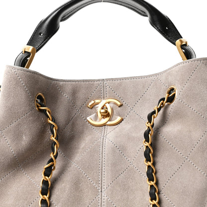 Suede Calfskin Shiny Lambskin Quilted Shopping Bag Grey Black